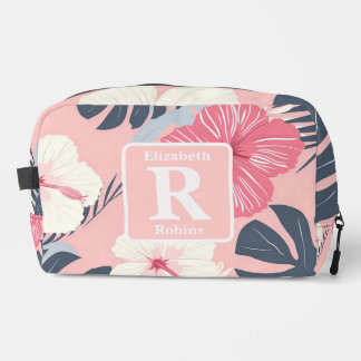 Tropische roze hibiscus gepersonaliseerd monogram toilettasje
