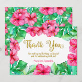 Tropische Roze Hibiscus Glitter Verjaardag Dank u Bedankkaart (Voorkant / Achterkant)