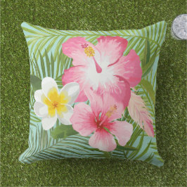 Tropische Roze Hibiscus Plumeria Palm Buitenkussen