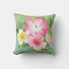 Tropische Roze Hibiscus Plumeria Palm Buitenkussen