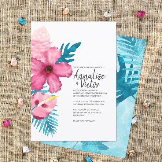 Tropische Roze Hibiscus Turquoise Varen Bruiloft Kaart