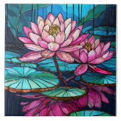 tropische Roze lotus 1 glas in lood kunst Tegeltje (Voorkant)