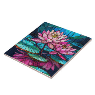 tropische Roze lotus 1 glas in lood kunst Tegeltje