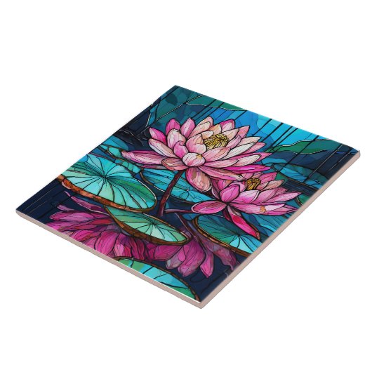tropische Roze lotus 1 glas in lood kunst Tegeltje (Zijkant)