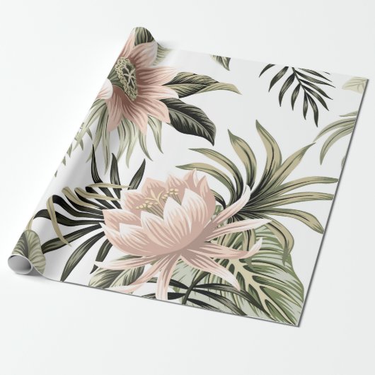 Tropische roze lotus, palmbladeren, banaan cadeaupapier (Uitgerold)