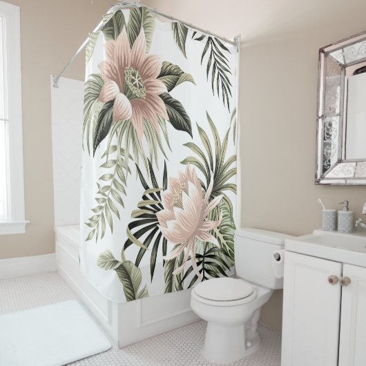 Tropische  roze lotus, palmbladeren, banaan douchegordijn (In situ)