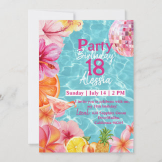 Tropische Roze Martini Zwembad Verjaardagsuitnodig Kaart