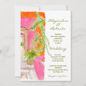 Tropische Roze Muren en Palm Courtyard Art Wedding Kaart (Voorkant)
