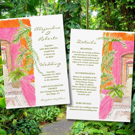 Tropische Roze Muren en Palm Courtyard Art Wedding Kaart
