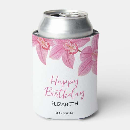 Tropische Roze Orchidee Bloem Gelukkige Verjaardag Blikjeskoeler (Blikje Voorkant)