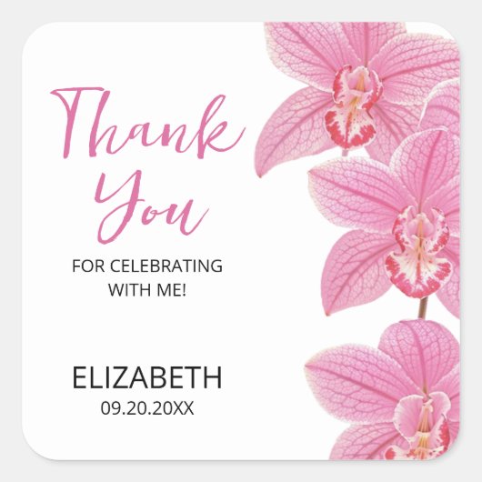 Tropische Roze Orchidee Bloem Verjaardag Bedankt Vierkante Sticker (Voorkant)