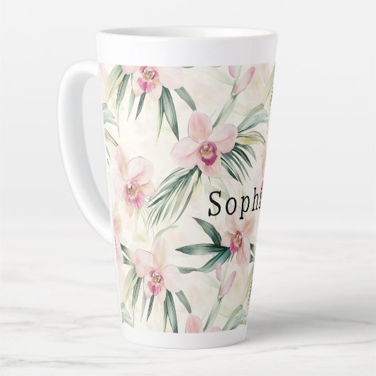 Tropische Roze Orchidee Bloemen Verjaardag Latte Mok (Linkerhoek)