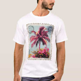 Tropische Roze Palm Postzegel Vintage Strand T-Shi T-shirt