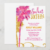 Tropische Roze Palm Tree Faux Gold Glitter Sweet 1 Kaart (Voorkant / Achterkant)