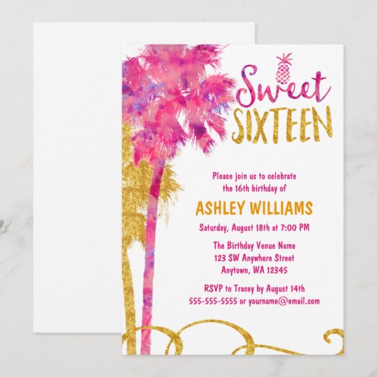 Tropische Roze Palm Tree Faux Gold Glitter Sweet 1 Kaart (Voorkant / Achterkant)