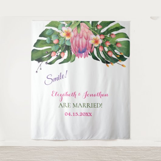 Tropische Roze Protea Trouwfoto Booth Achtergrond Wandkleed (Voorkant)