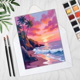 Tropische Roze Sunset Ocean Waterverf Kaart