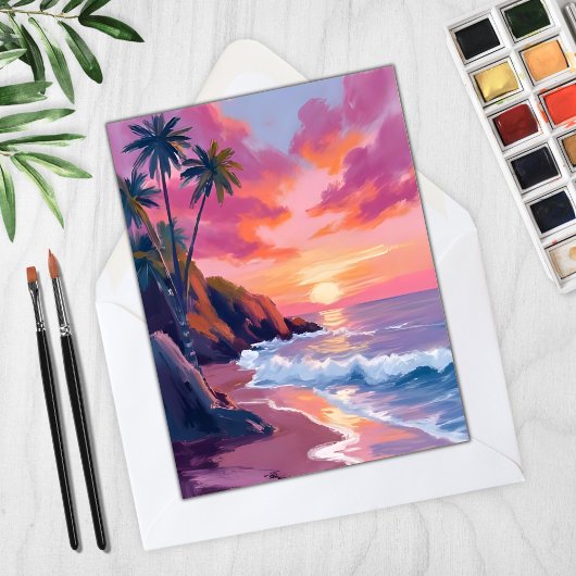 Tropische Roze Sunset Ocean Waterverf Kaart