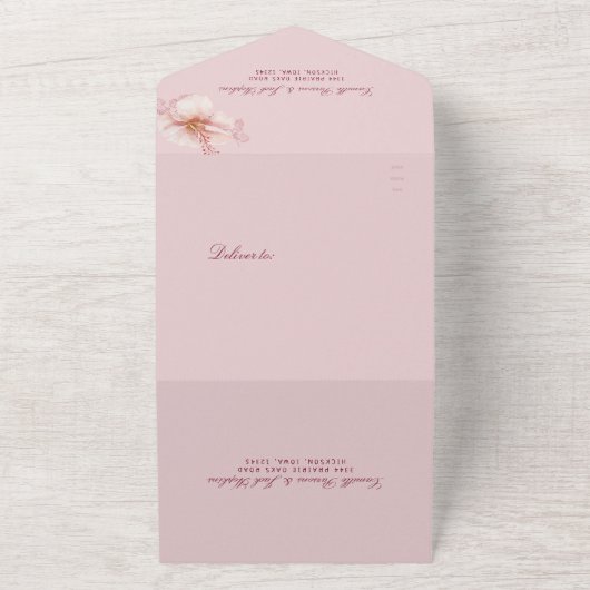 Tropische Roze Tracery bruiloft All In One Uitnodiging (Buitenkant)