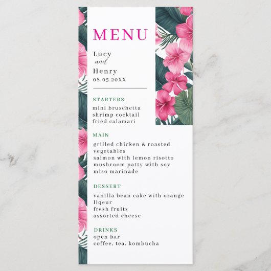 Tropische Roze Vakantie Bloemen Huwelijk Menu (Voorkant)