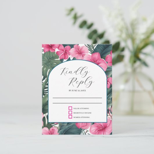 Tropische Roze Vakantie Bloemen Huwelijk RSVP Kaartje (Staand voorkant)
