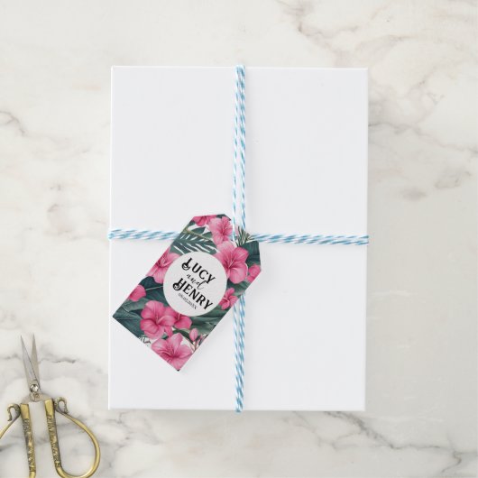 Tropische Roze Vakantie Bloemen Print Huwelijk Cadeaulabel (Met Touw)