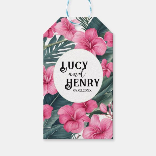 Tropische Roze Vakantie Bloemen Print Huwelijk Cadeaulabel (Voorkant)