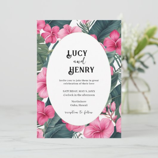 Tropische Roze Vakantie Bloemen Print Huwelijk Kaart (Staand voorkant)