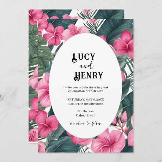 Tropische Roze Vakantie Bloemen Print Huwelijk Kaart (Voorkant / Achterkant)