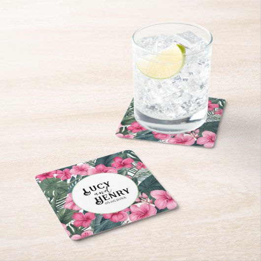 Tropische Roze Vakantie Bloemen Print Huwelijk Kartonnen Onderzetters (Insitu)