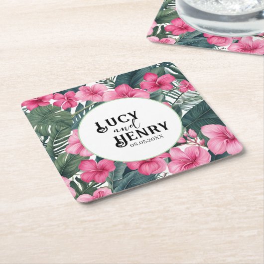 Tropische Roze Vakantie Bloemen Print Huwelijk Kartonnen Onderzetters (Schuin)