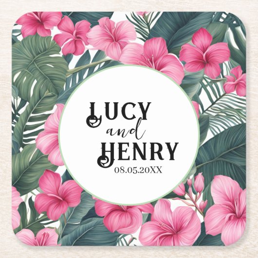 Tropische Roze Vakantie Bloemen Print Huwelijk Kartonnen Onderzetters (Voorkant)