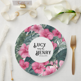 Tropische Roze Vakantie Bloemen Print Huwelijk Papieren Bordje