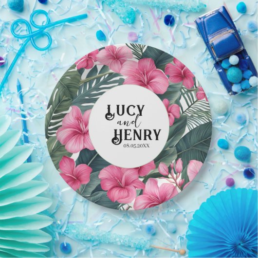 Tropische Roze Vakantie Bloemen Print Huwelijk Papieren Bordje (Feest)
