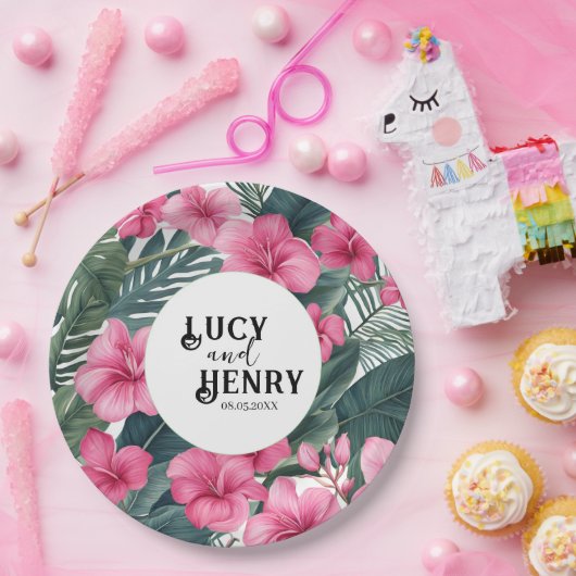 Tropische Roze Vakantie Bloemen Print Huwelijk Papieren Bordje (Feest)