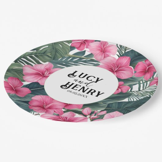 Tropische Roze Vakantie Bloemen Print Huwelijk Papieren Bordje (Gekanteld)