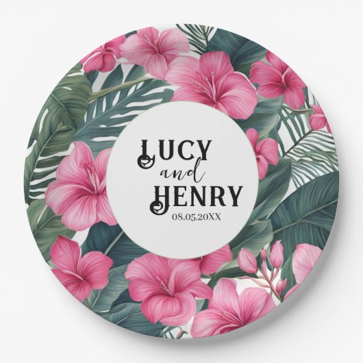 Tropische Roze Vakantie Bloemen Print Huwelijk Papieren Bordje (Voorkant)