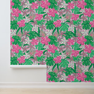 Tropische roze witte bloemen met palmbladeren behang