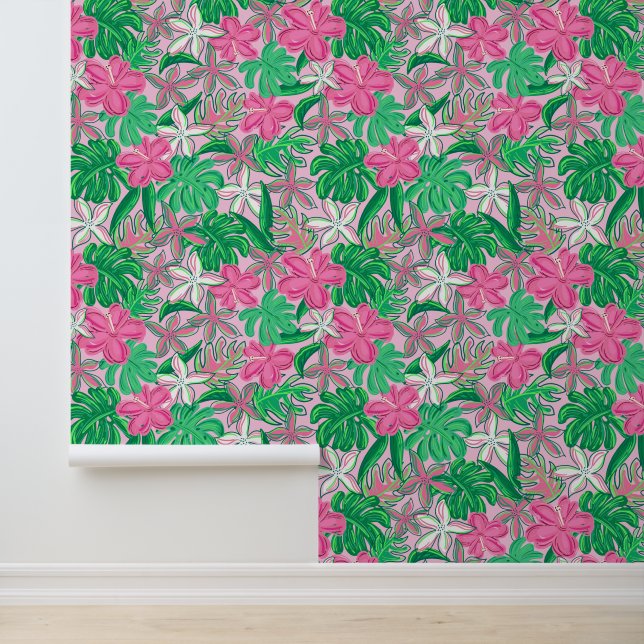 Tropische roze witte bloemen met palmbladeren behang (Applicatie)