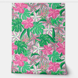 Tropische roze witte bloemen met palmbladeren behang