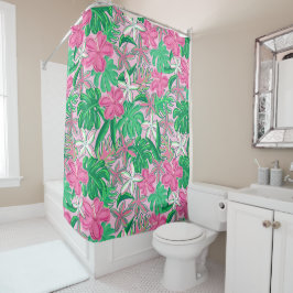 Tropische Roze Witte Bloemen Palmbladeren Preppy Douchegordijn