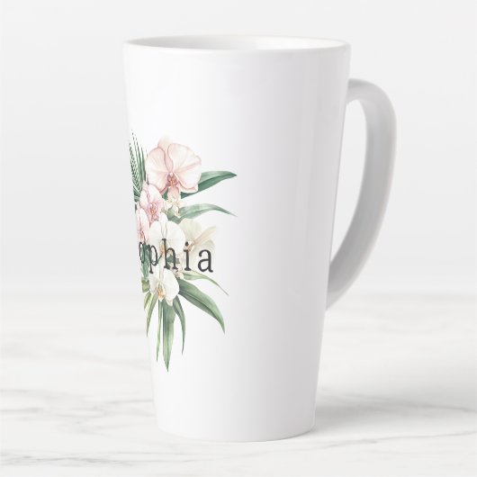 Tropische Roze Witte Orchidee Bladeren Verjaardag  Latte Mok (Rechterhoek)