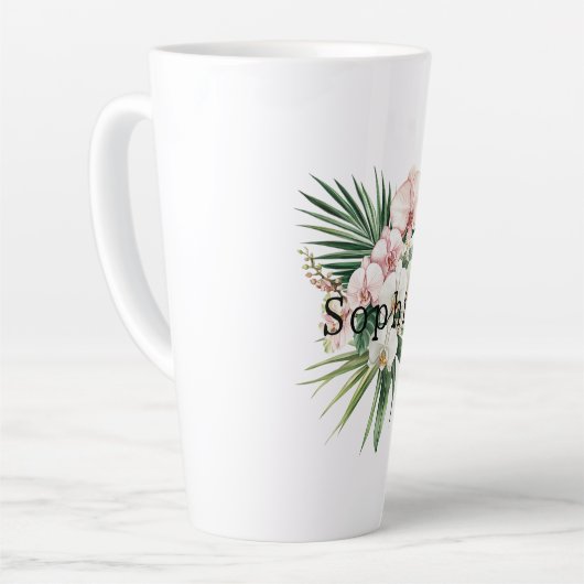 Tropische Roze Witte Orchidee Bladeren Verjaardag Latte Mok (Linkerhoek)