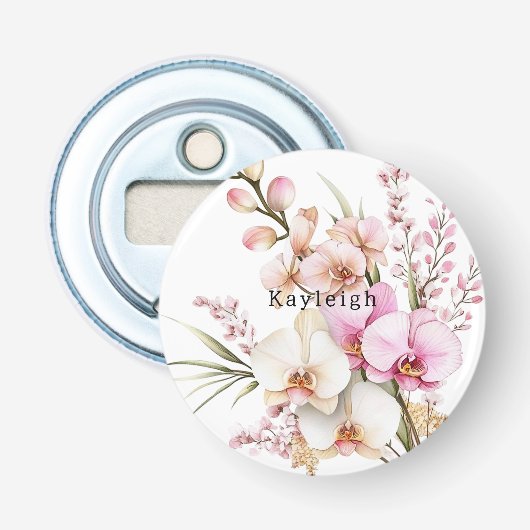 Tropische roze witte orchidee bloemen button flesopener (Voorkant)