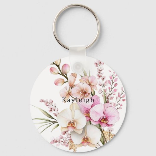 Tropische roze witte orchidee bloemen sleutelhanger (Voorkant)