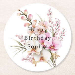 Tropische Roze Witte Orchidee Bloemen Verjaardag Ronde Kartonnen Onderzetter