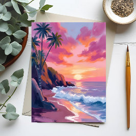 Tropische Roze Zonsondergang Oceaan Aquarel Briefkaart