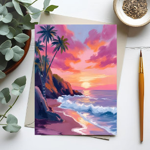 Tropische Roze Zonsondergang Oceaan Aquarel Briefkaart
