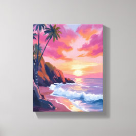 Tropische Roze Zonsondergang Oceaan Aquarel Canvas Afdruk