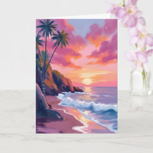 Tropische roze zonsondergang oceaan aquarel kaart